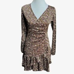 Zara Dress Floral Drape Ruffle Mini Womens size S Brown V-Neck Ruched Waist